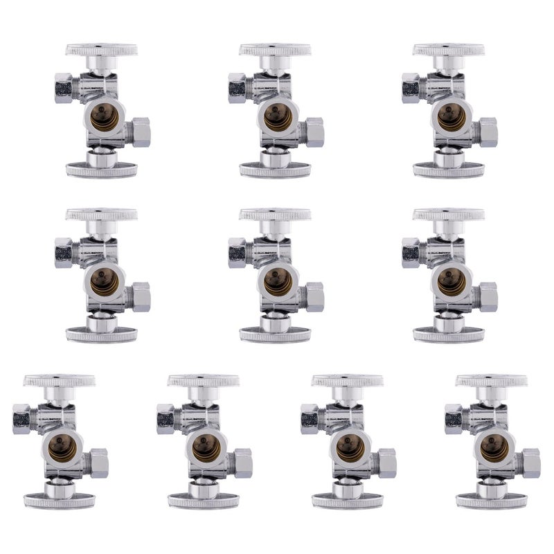 Pack of 10 EFIELD 14 Turn Dual Compression Outlet Angle Stop Valve with 2 Shut Off ValvesHandles 12 NOM 58 OD x 38 inch x 38 inch ChromeVALVE13410PCS