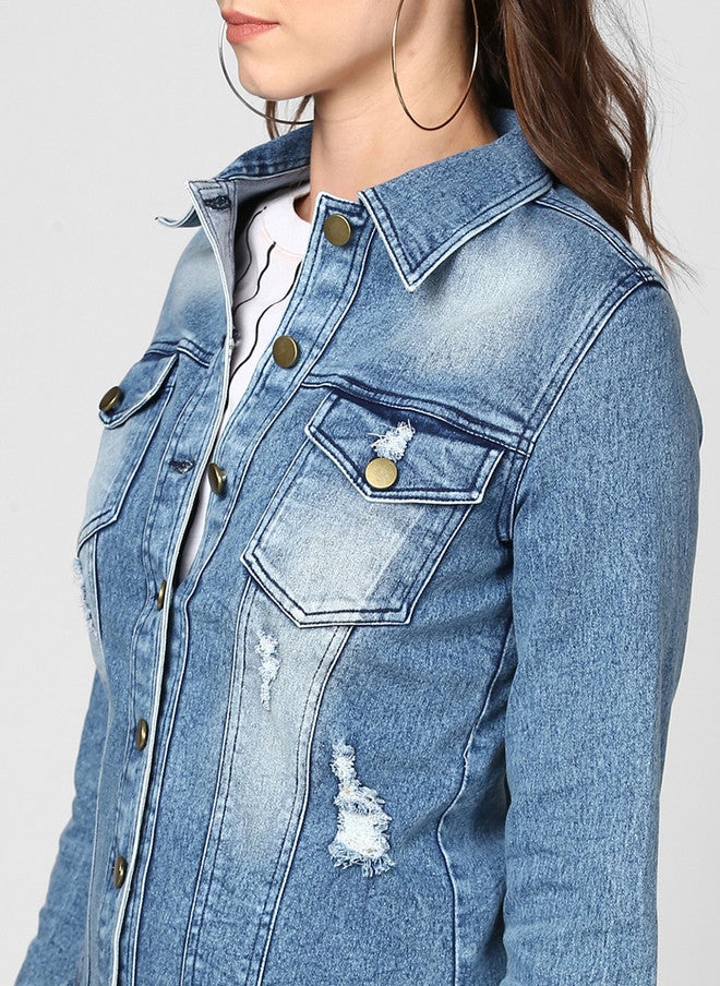 StyleStone جاكيت جينز نسائي أزرق سادة من ستايل ستون مع ياقة منتشرة وإغلاق بأزرار - Image 2