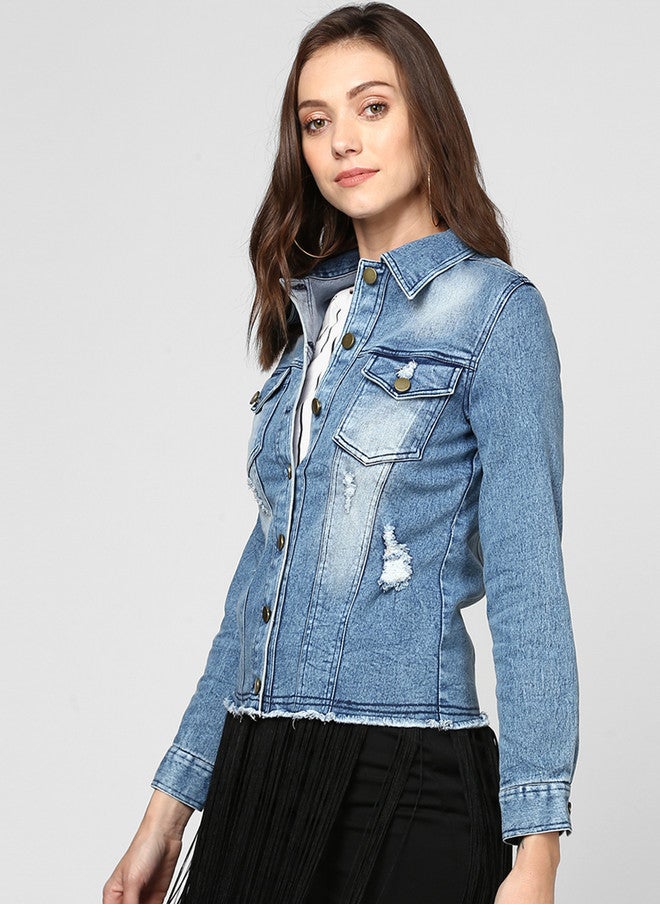 StyleStone جاكيت جينز نسائي أزرق سادة من ستايل ستون مع ياقة منتشرة وإغلاق بأزرار - Image 3