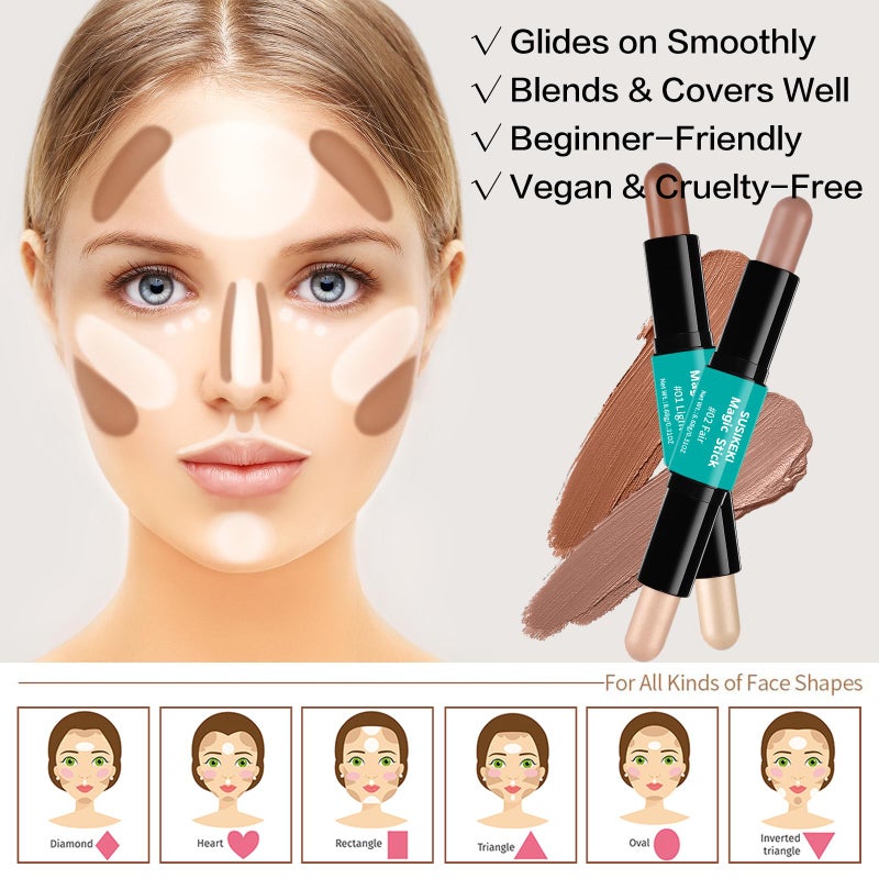 SUSIKEKI Contour Stick, 2Pcs Dual-Ended Highlighter Makeup Pen & Contouring Stick for Face Shaping, Long Lasting Waterproof Cream Bronzer & Highlight Sticks Make Up Kit for All Skin Tones (01# + 02#) - Image 4