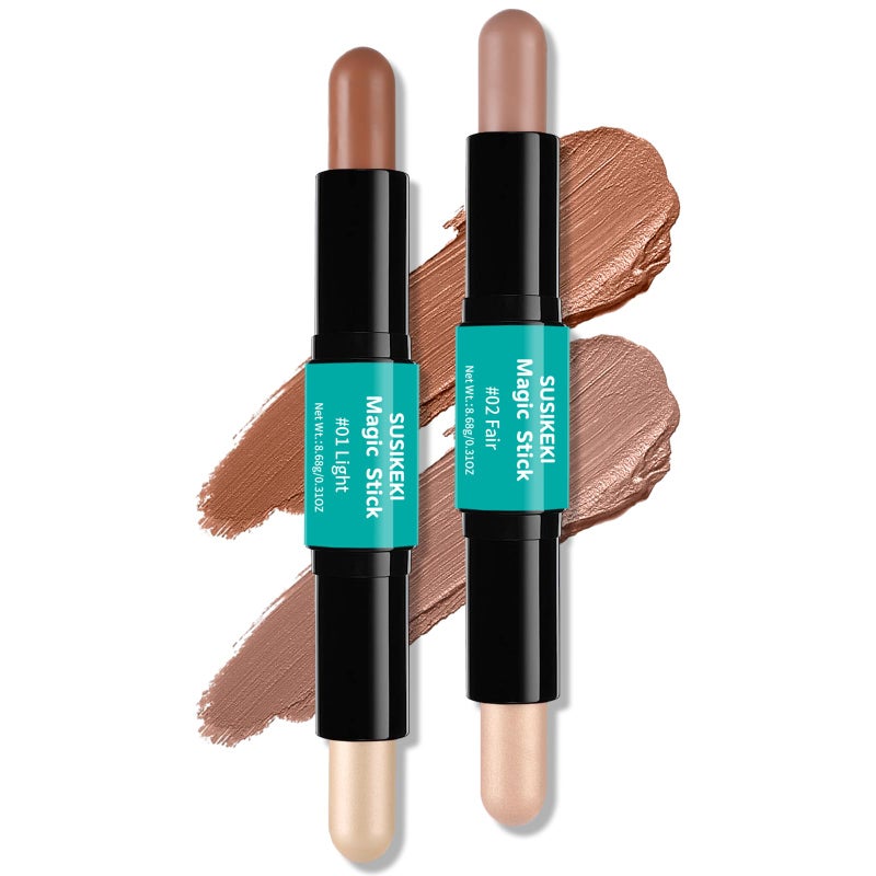 SUSIKEKI Contour Stick, 2Pcs Dual-Ended Highlighter Makeup Pen & Contouring Stick for Face Shaping, Long Lasting Waterproof Cream Bronzer & Highlight Sticks Make Up Kit for All Skin Tones (01# + 02#) - Image 1