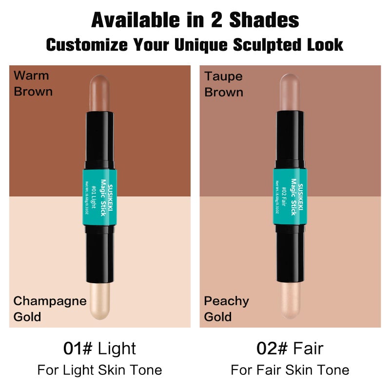 SUSIKEKI Contour Stick, 2Pcs Dual-Ended Highlighter Makeup Pen & Contouring Stick for Face Shaping, Long Lasting Waterproof Cream Bronzer & Highlight Sticks Make Up Kit for All Skin Tones (01# + 02#) - Image 3