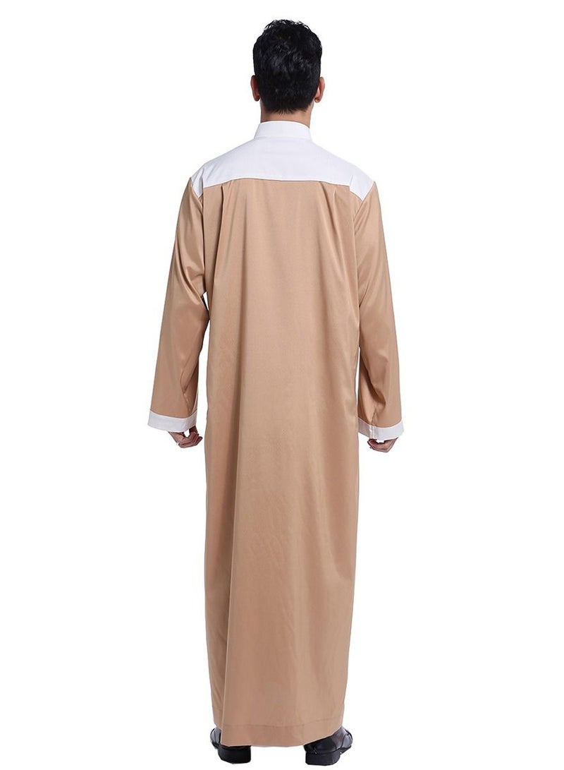 إسكدنيا Men's Stand Collar Long Sleeve Casual Kandora Islamic Arabic Kaftan Thobe Camel/White  - Image 2