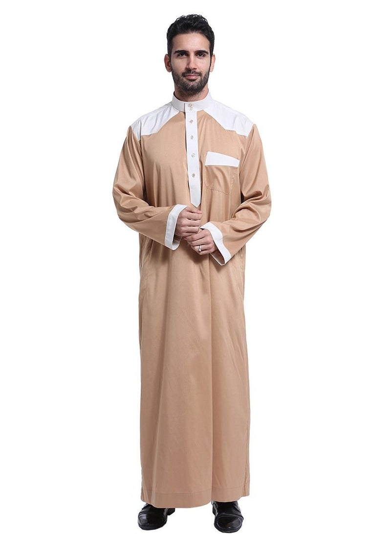 إسكدنيا Men's Stand Collar Long Sleeve Casual Kandora Islamic Arabic Kaftan Thobe Camel/White  - Image 1