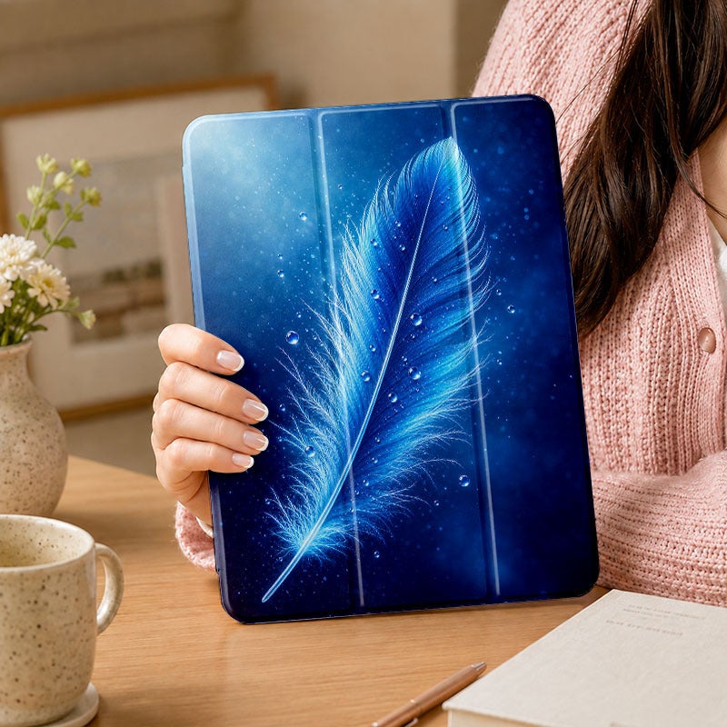 Tablet Case for iPad, Blue Feather Water Sparkle, iPad Case Cover for Mini Air Pro 4 5 6 7 8 9 10 11 12, Suitable for 7.9 8.3 9.7 10.2 10.5 10.9 11 12.9 13 inch Shockproof Anti-Scratch Clear with Stand - Image 1