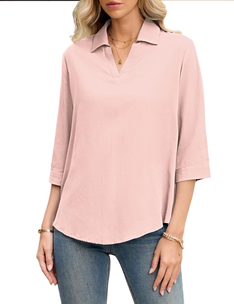 LOMON 3/4 Sleeve Womens Tunic V Neck Blouse Work Shirts for Women Business Casual Plus Size Spring Clothes for Women Pink XXL - Image 2