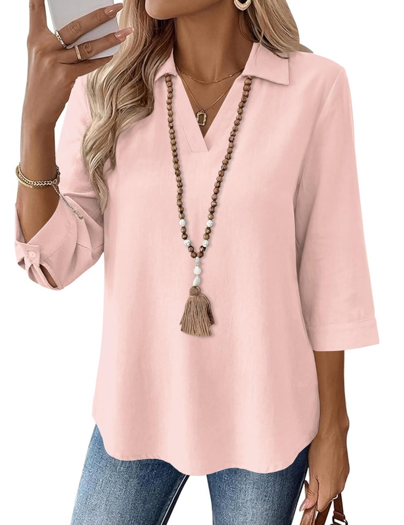 LOMON 3/4 Sleeve Womens Tunic V Neck Blouse Work Shirts for Women Business Casual Plus Size Spring Clothes for Women Pink XXL - Image 1