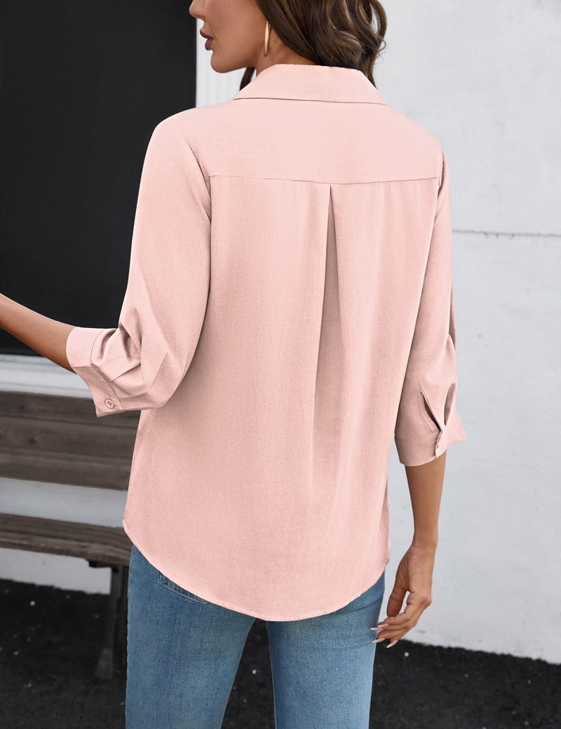 LOMON 3/4 Sleeve Womens Tunic V Neck Blouse Work Shirts for Women Business Casual Plus Size Spring Clothes for Women Pink XXL - Image 3