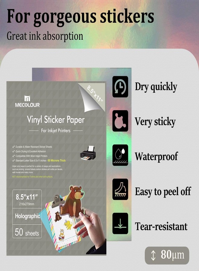 MECOLOUR Holographic Sticker Paper 8.5'' 11'' Printable Premium Rainbow Vinyl, Waterproof, Dries Quickly Vivid Colors, Holds Ink Well- Tear Resistant -for Inkjet Printer 50 SHEETS - Image 2