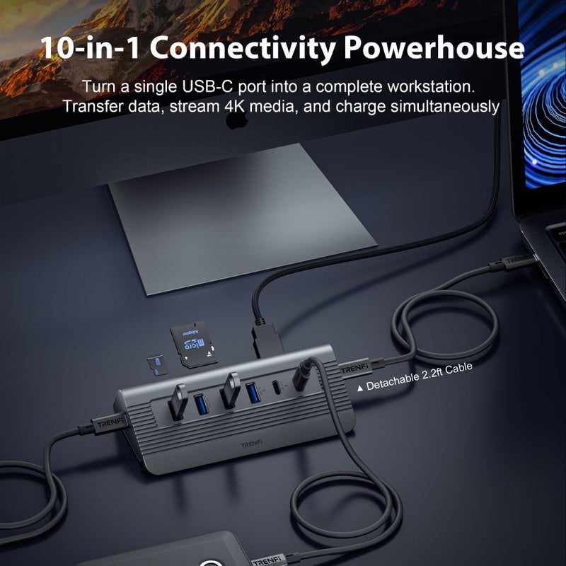 TRENFI 10-in-1 USB C Hub with Detachable Cable, USB 3.2 Gen2 10Gbps, 4K 60Hz HDMI, 100W PD, SD/TF Reader - Aluminum Docking Station for Laptop, PC, MacBook Pro/Air M1-M5, Mac mini, iPad Pro - Image 2