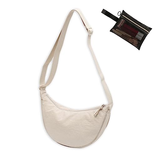 OHHMNKK Crossbody Bag Hobo Crescent Bag with Mesh Storage, Women Men Shoulder Purse Dumpling Bag Adjustable Strap (Beige) - Image 1