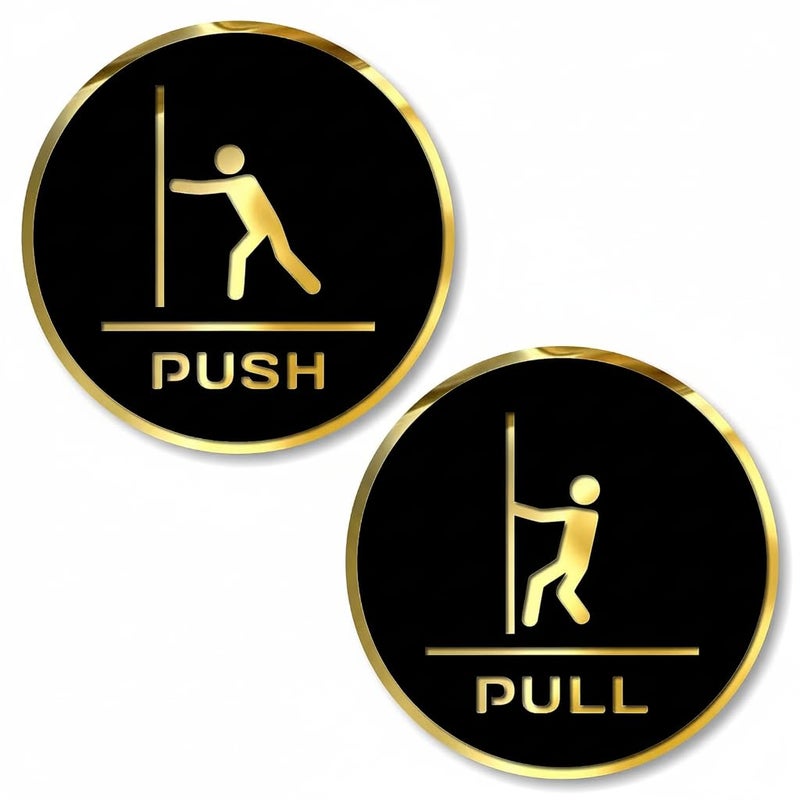 BerryBox Premium Push & Pull Black Gold Round Door Signage Self-Adhesive Sign for Business Stores Cafes Shops Hospital School Office Hotel Restaurant - Image 1