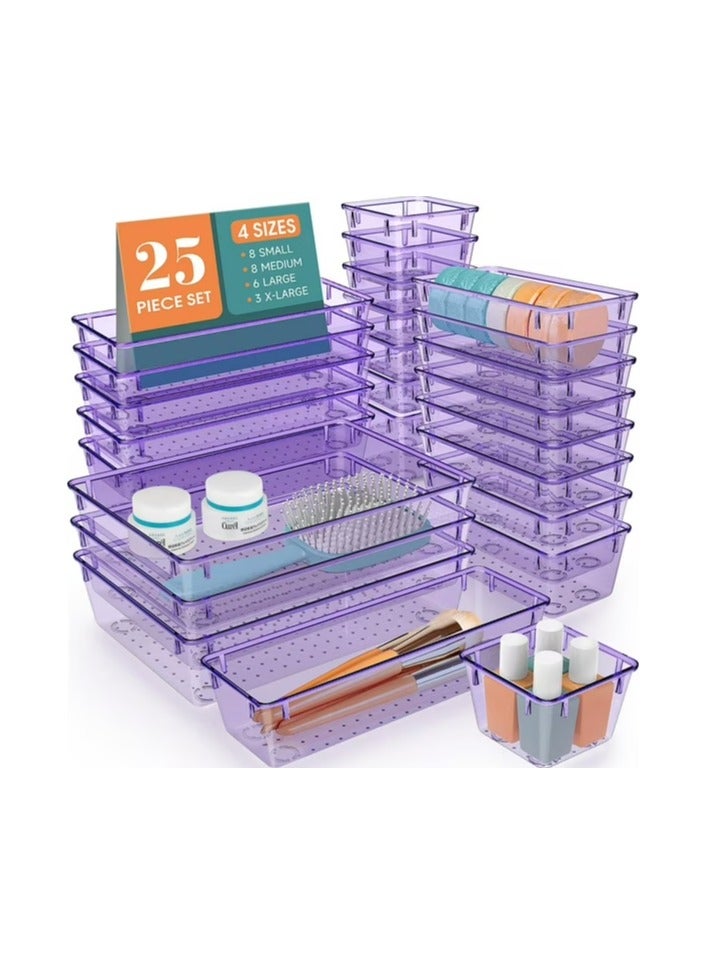 مجموعة من 25 منظم أدراج بلاستيكي بنفسجى، متعددة الأحجام، لتنظيم الأدراج في الحمام، وأدوات التجميل، والمجوهرات، والمطبخ، والمكتب. - Image 1