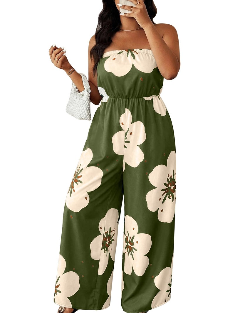 OYOANGLE Women's Plus Size Jumpsuit Floral Print Strapless Off Shoulder Wide Leg Jumpsuits Beach Vacation Summer Outfits Army Green Large Plus - Image 1