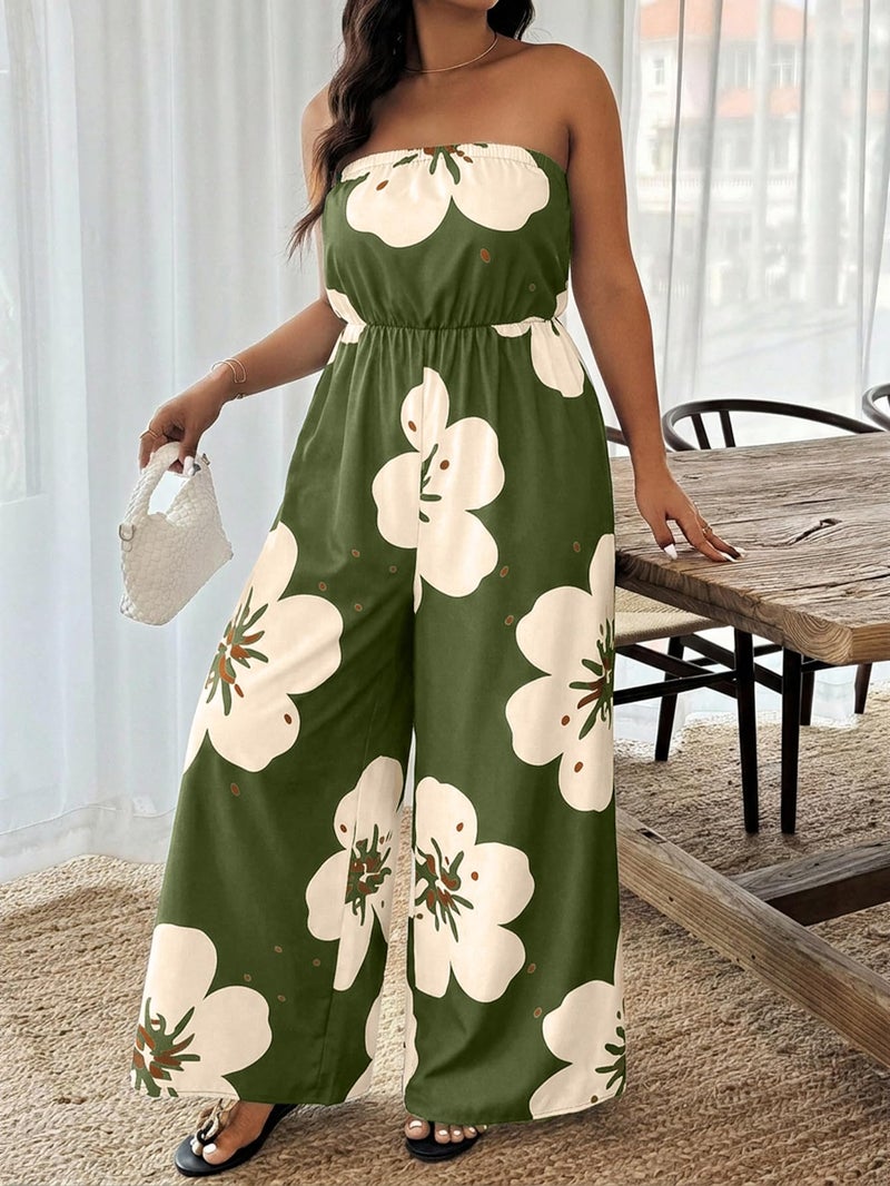 OYOANGLE Women's Plus Size Jumpsuit Floral Print Strapless Off Shoulder Wide Leg Jumpsuits Beach Vacation Summer Outfits Army Green Large Plus - Image 3