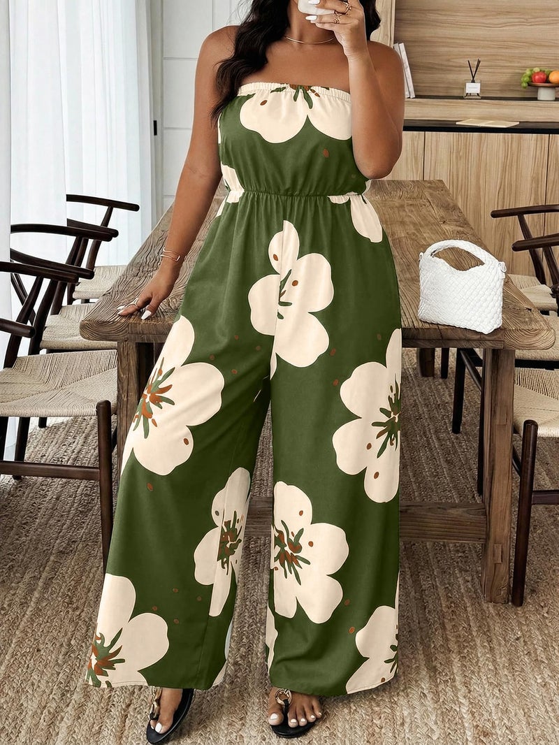 OYOANGLE Women's Plus Size Jumpsuit Floral Print Strapless Off Shoulder Wide Leg Jumpsuits Beach Vacation Summer Outfits Army Green Large Plus - Image 4