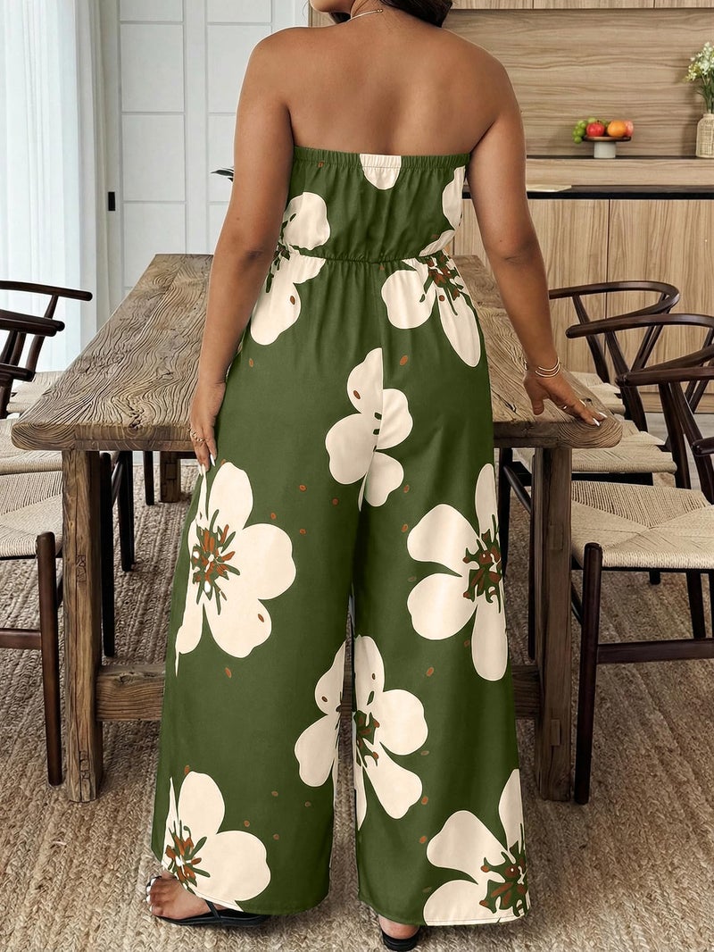 OYOANGLE Women's Plus Size Jumpsuit Floral Print Strapless Off Shoulder Wide Leg Jumpsuits Beach Vacation Summer Outfits Army Green Large Plus - Image 2