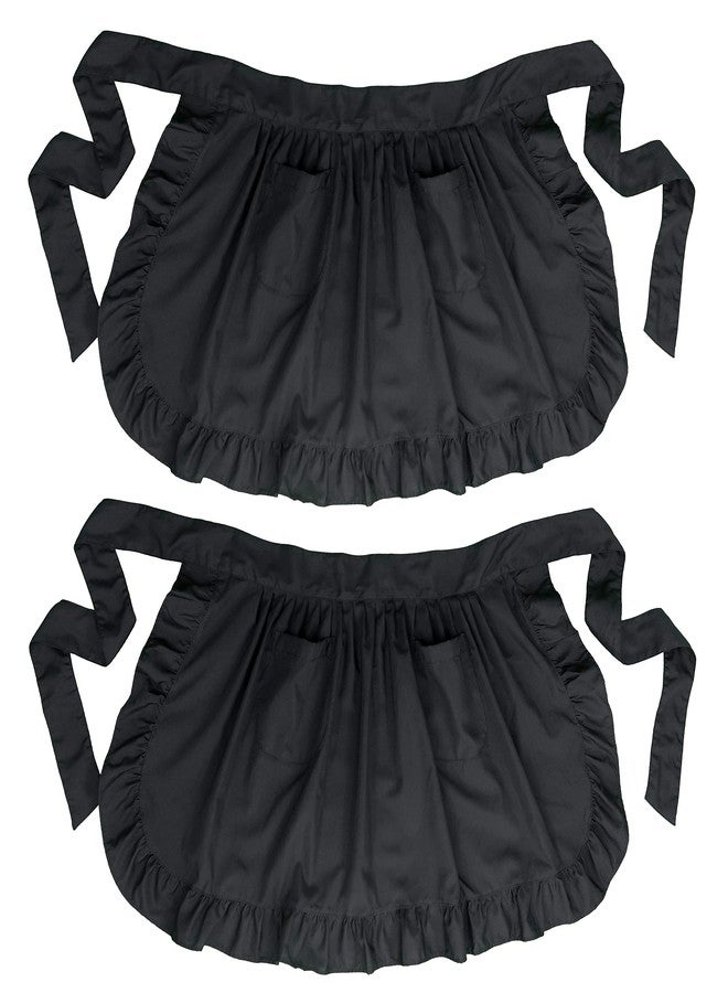 LilMents Twin Pack Retro Kitchen Ruffles Waist Apron with Pockets (Black) - Image 1