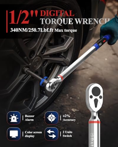 RALVICO 1/2 Digital Torque Wrench (12.54-250.7 Ft. Lb/ 17-340 N.m) ±2% Accuracy Dual-Direction Adjustable Torque Wrenches Digital with Vibration, Buzzer and LED Alert for Motorcycle, Auto Repair - Image 2