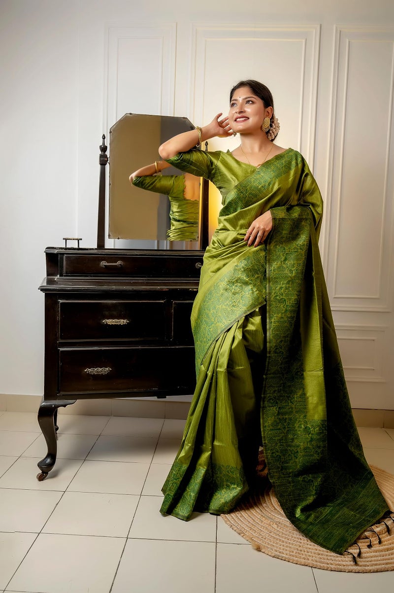 NK Textiles Women's Plain/Solid with Kalamkari Woven Border Raw Silk Saree with Tassels (13 COLORS), Mehendi Green - Image 4