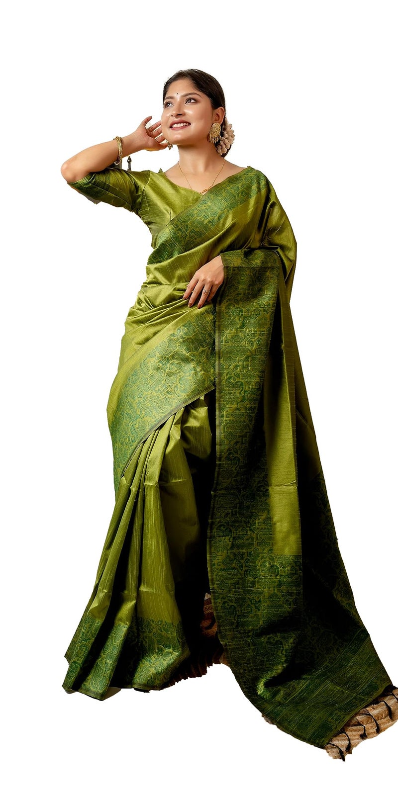 NK Textiles Women's Plain/Solid with Kalamkari Woven Border Raw Silk Saree with Tassels (13 COLORS), Mehendi Green - Image 5