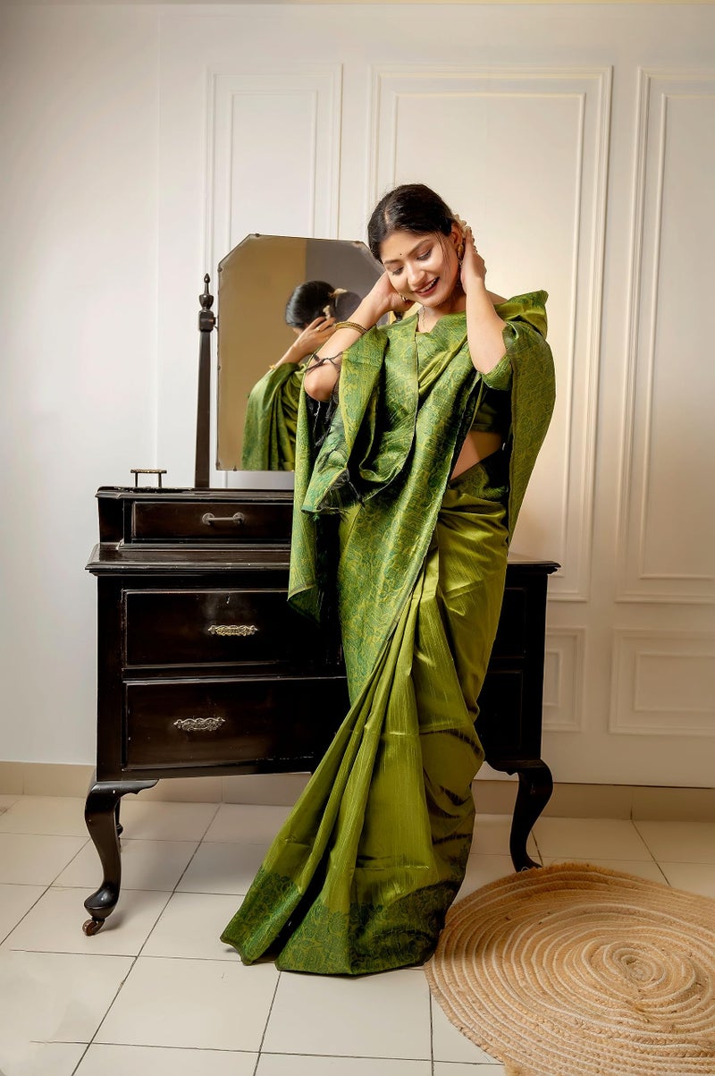 NK Textiles Women's Plain/Solid with Kalamkari Woven Border Raw Silk Saree with Tassels (13 COLORS), Mehendi Green - Image 3