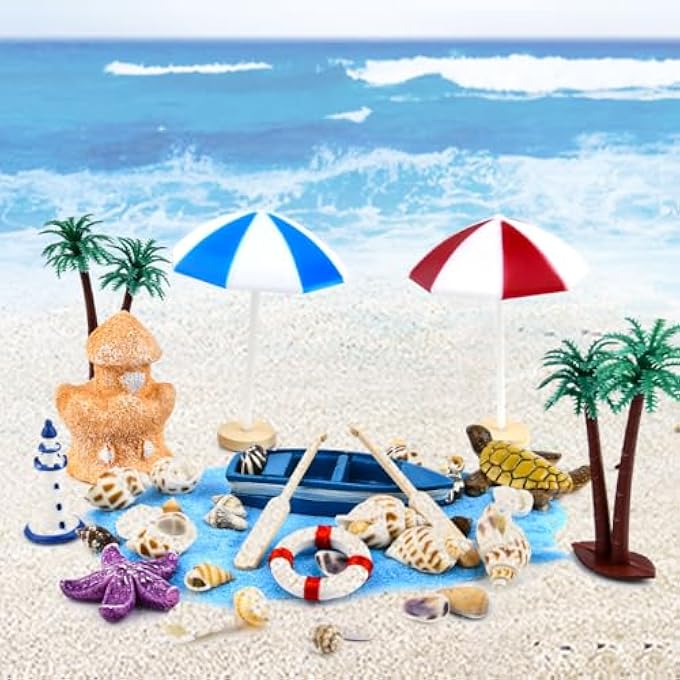 15 SET OF MINIATURE BEACH DECORATION FOR CAKE DOLLHOUSES AND PLANTS DIY BEACH MICRO LANDSCAPE, TOYS IN GREEN PALM TREE FOR PARTY, BIRTHDAY, WEDDING WITH HAWAIIAN THEME - Image 1