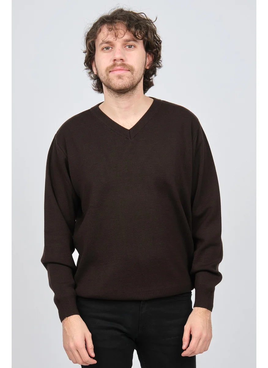 Desen Triko Pattern Knitwear Men's V Neck Wool Sweater 0246516 Brown
