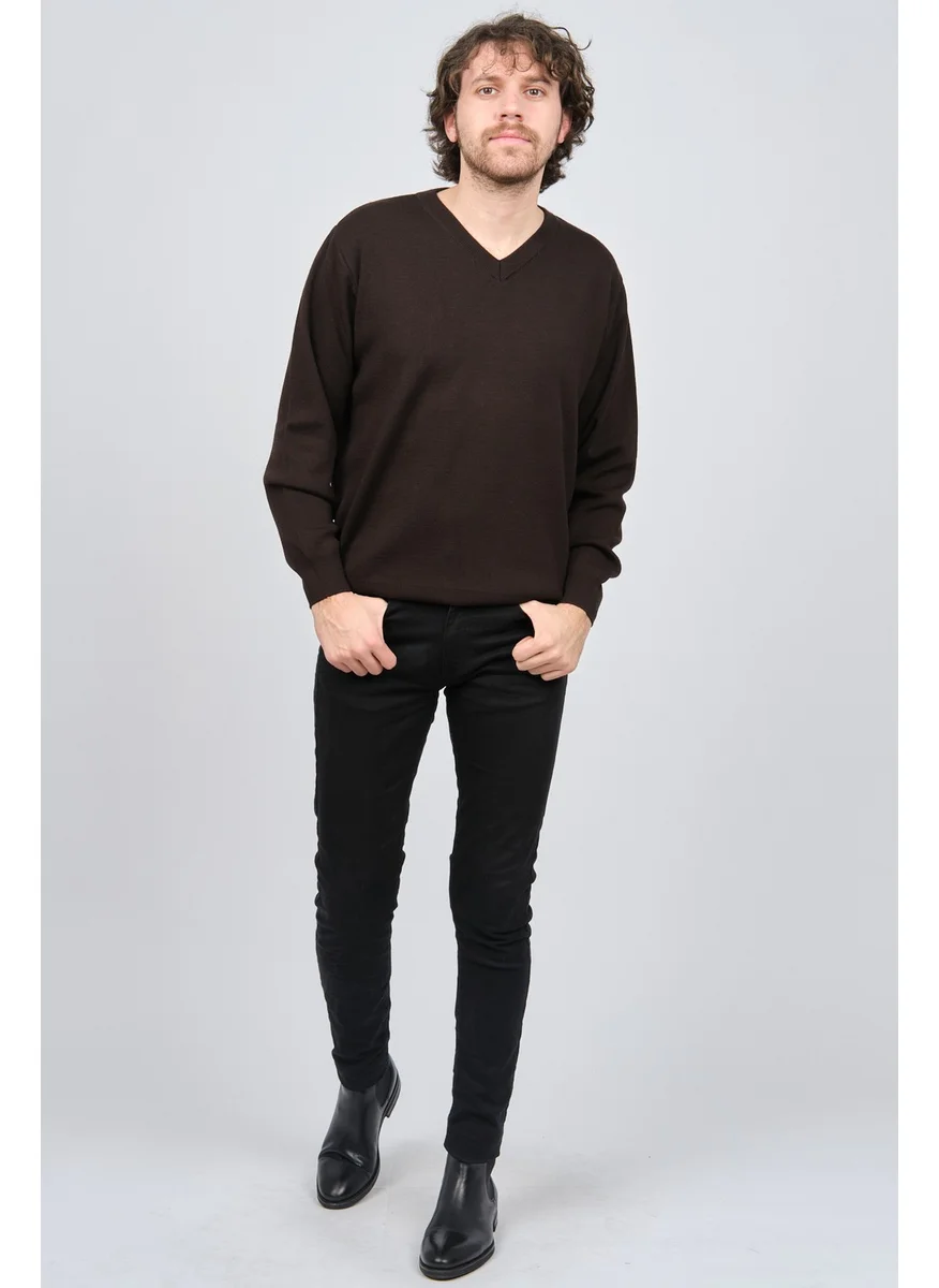 Desen Triko Pattern Knitwear Men's V Neck Wool Sweater 0246516 Brown