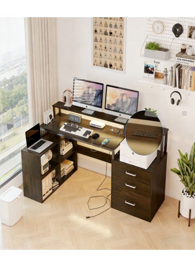 مكتب على شكل حرف L مع درج ملفات، مكتب كمبيوتر قابل للعكس على شكل حرف L مع منفذ طاقة، مكتب مكتب منزلي مع رف شاشة، مكتب زاوية مع أرفف تخزين (أسود، YN125) - Image 1