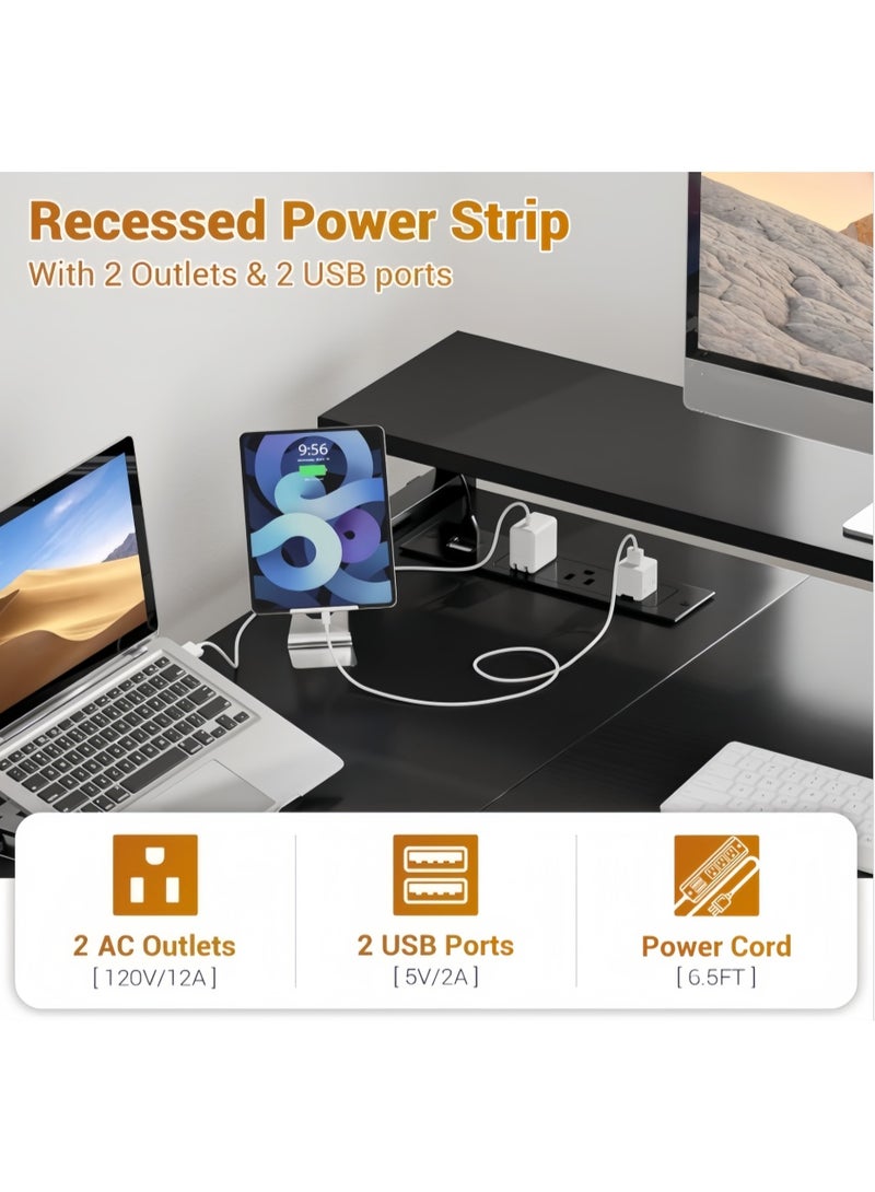 مكتب على شكل حرف L مع درج ملفات، مكتب كمبيوتر قابل للعكس على شكل حرف L مع منفذ طاقة، مكتب مكتب منزلي مع رف شاشة، مكتب زاوية مع أرفف تخزين (أسود، YN125) - Image 2