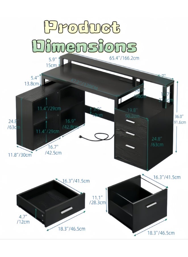 مكتب على شكل حرف L مع درج ملفات، مكتب كمبيوتر قابل للعكس على شكل حرف L مع منفذ طاقة، مكتب مكتب منزلي مع رف شاشة، مكتب زاوية مع أرفف تخزين (أسود، YN125) - Image 3