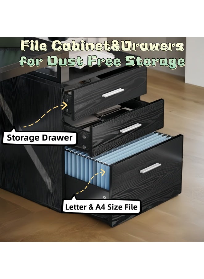 مكتب على شكل حرف L مع درج ملفات، مكتب كمبيوتر قابل للعكس على شكل حرف L مع منفذ طاقة، مكتب مكتب منزلي مع رف شاشة، مكتب زاوية مع أرفف تخزين (أسود، YN125) - Image 4