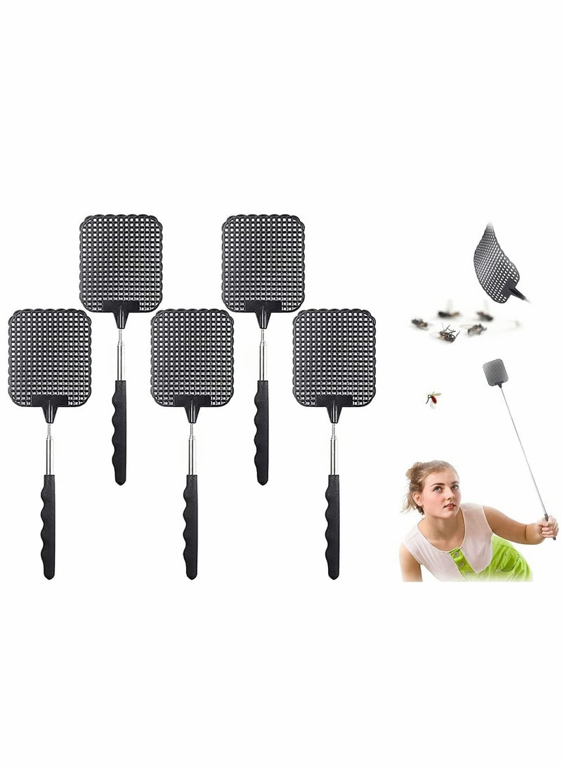 5 Pack Retractable Fly Swatters, Telescopic, Heavy Duty, Flexible Plastic Pest Control Tools, Lightweight, Durable Handles, Black - Image 1