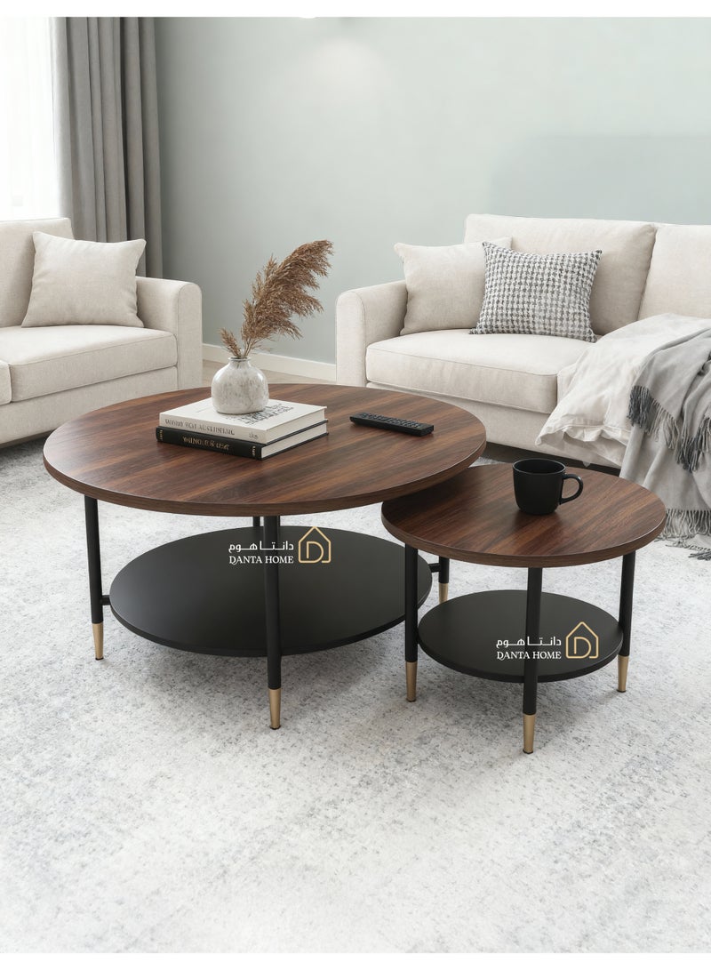 DANTA HOME Modern Coffee Table Set (2 pieces), Round Design With a Lower Storage Shelf, Brown Wood Top And Black Metal Legs With Gold Accents - Image 1