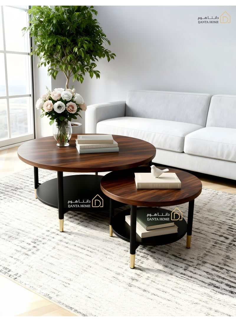 DANTA HOME Modern Coffee Table Set (2 pieces), Round Design With a Lower Storage Shelf, Brown Wood Top And Black Metal Legs With Gold Accents - Image 2