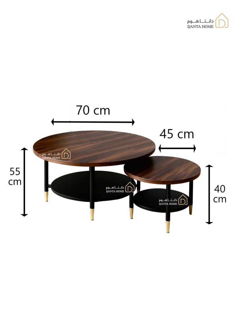 DANTA HOME Modern Coffee Table Set (2 pieces), Round Design With a Lower Storage Shelf, Brown Wood Top And Black Metal Legs With Gold Accents - Image 3