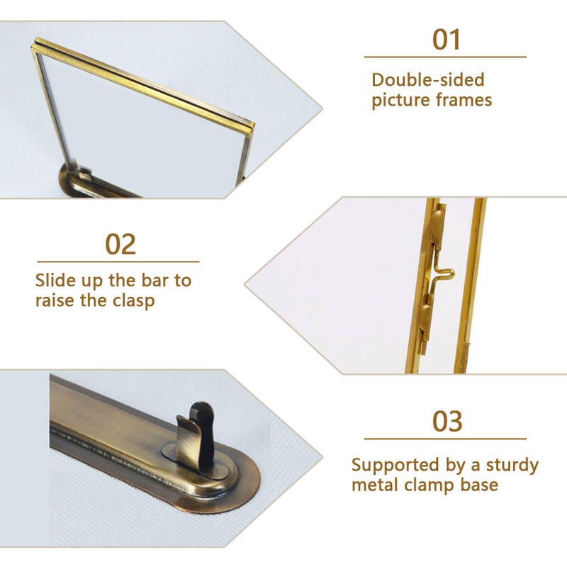 Goutangen 5x7 Brass Floating Frame Vintage Gold Picture Frames, Double Glass Pressed Flower Frame with Metal Stand, Tabletop Shelf Photo Frame Decor for Wedding Home Office - Image 5