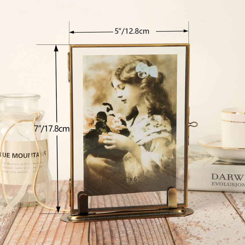 Goutangen 5x7 Brass Floating Frame Vintage Gold Picture Frames, Double Glass Pressed Flower Frame with Metal Stand, Tabletop Shelf Photo Frame Decor for Wedding Home Office - Image 2