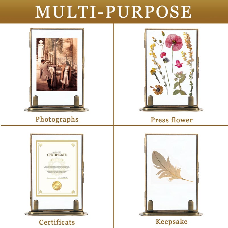 Goutangen 5x7 Brass Floating Frame Vintage Gold Picture Frames, Double Glass Pressed Flower Frame with Metal Stand, Tabletop Shelf Photo Frame Decor for Wedding Home Office - Image 4