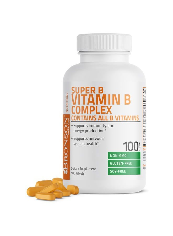 Bronson فيتامين ب المركب (فيتامين ب1، ب2، ب3، ب6، ب9 - حمض الفوليك، ب12)، 100 قرص - Image 1