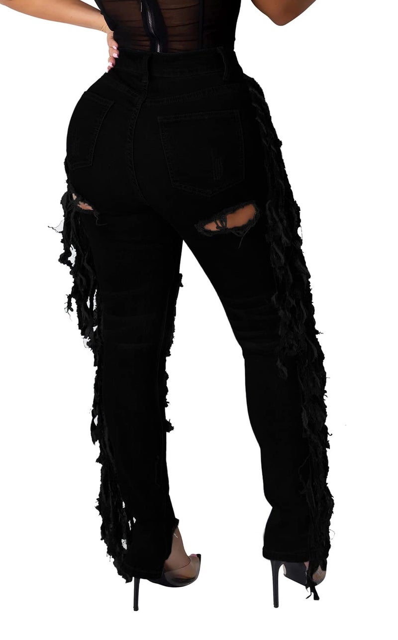 BestGirl Tassel Jeans for Women Skinny Ripped Stretch Destroyed High Waist Denim Pants Black2290 Medium - Image 2