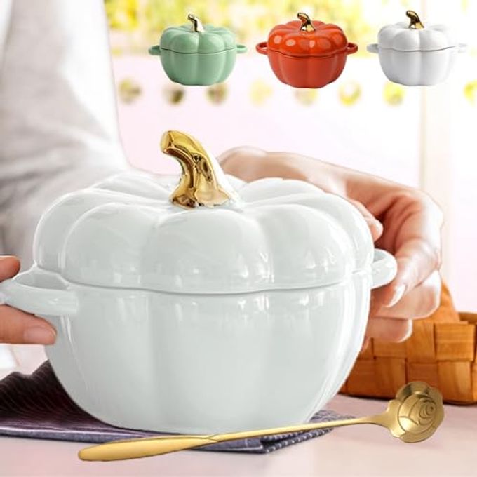 rayihni Fall Pumpkin Ceramic Bowl with Lid, 15 oz Microwave & Dishwasher Safe Pumpkin Soup Bowl with Handle, Pumpkin Decor Storage Jar for Home Thanksgiving Party, Pumpkin Dish,Candy Bowl - Image 1