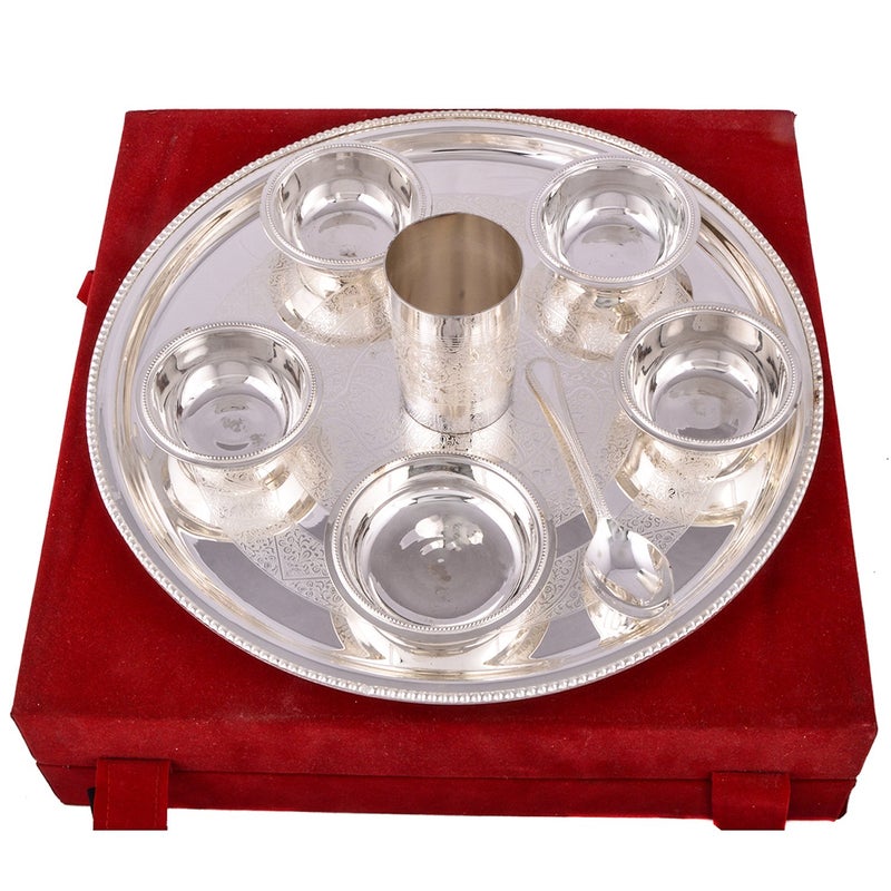 Kushal Creation Brass Silver Plated Big Thali Set with Velvet Box Embossed Design Dinner Thali Dinnerware Set 8 Pieces - Image 2