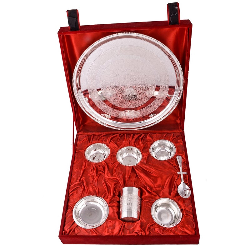 Kushal Creation Brass Silver Plated Big Thali Set with Velvet Box Embossed Design Dinner Thali Dinnerware Set 8 Pieces - Image 1