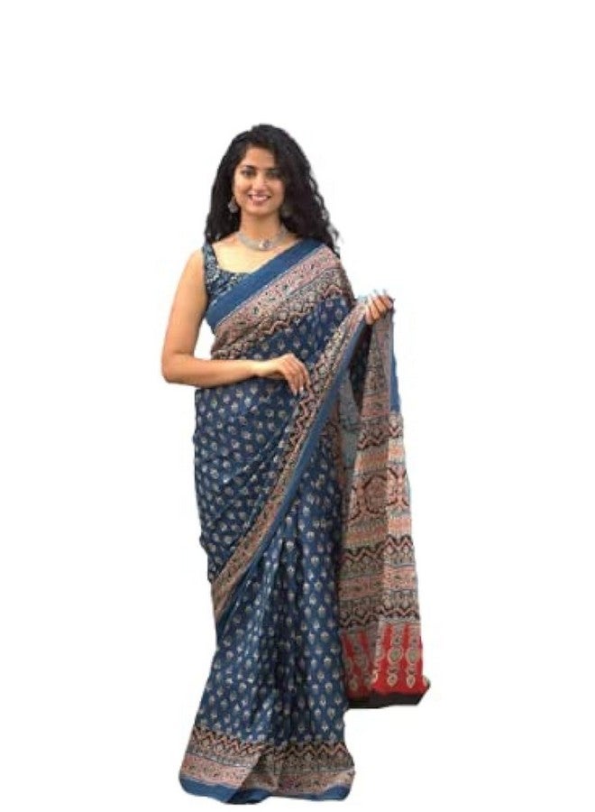 Kiaaron Women's Ikat Hand Block Print Jaipuri Cotton Mulmul Saree with Blouse Piece -Blue_Kia344 - Image 1