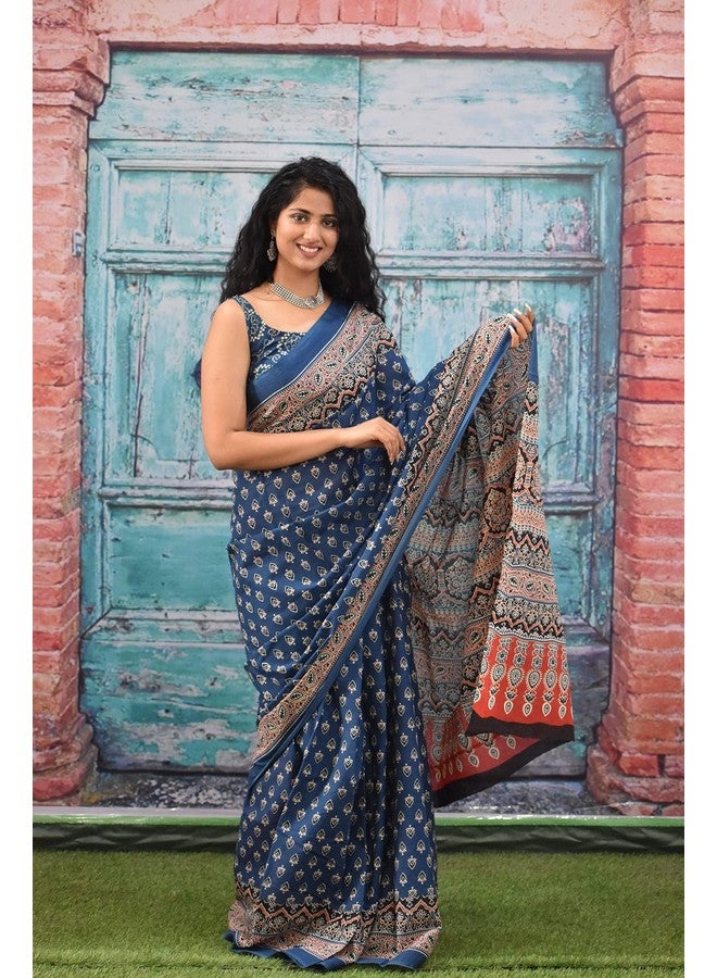 Kiaaron Women's Ikat Hand Block Print Jaipuri Cotton Mulmul Saree with Blouse Piece -Blue_Kia344 - Image 3