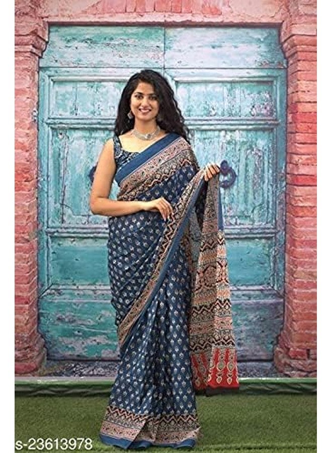 Kiaaron Women's Ikat Hand Block Print Jaipuri Cotton Mulmul Saree with Blouse Piece -Blue_Kia344 - Image 2