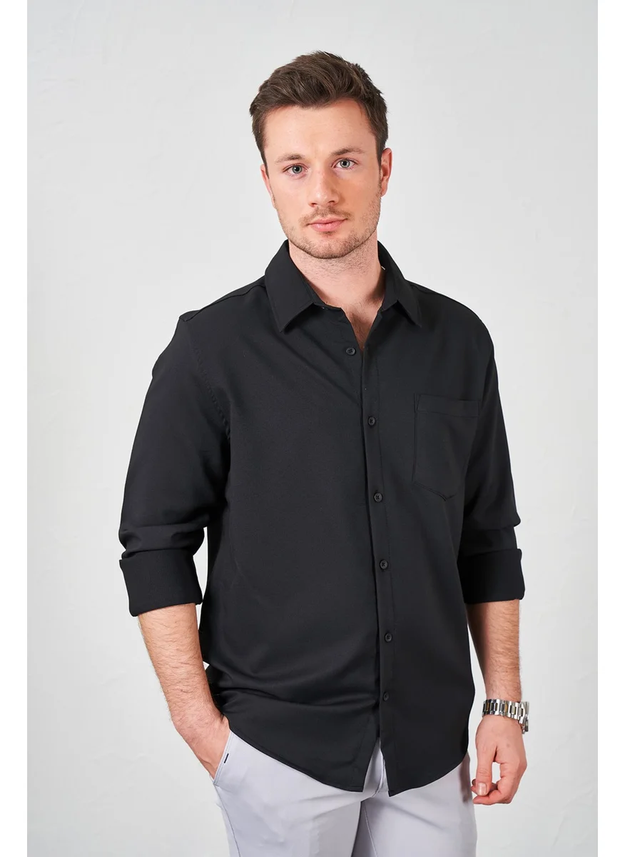 Tena Men's Black Long Sleeve Single Pocket Lacoste Fabric Shirt