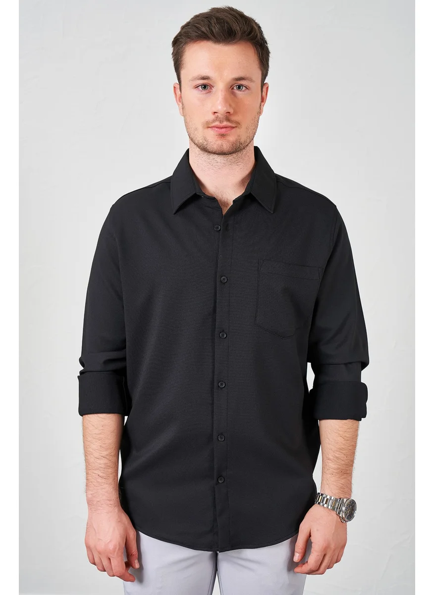 Tena Men's Black Long Sleeve Single Pocket Lacoste Fabric Shirt